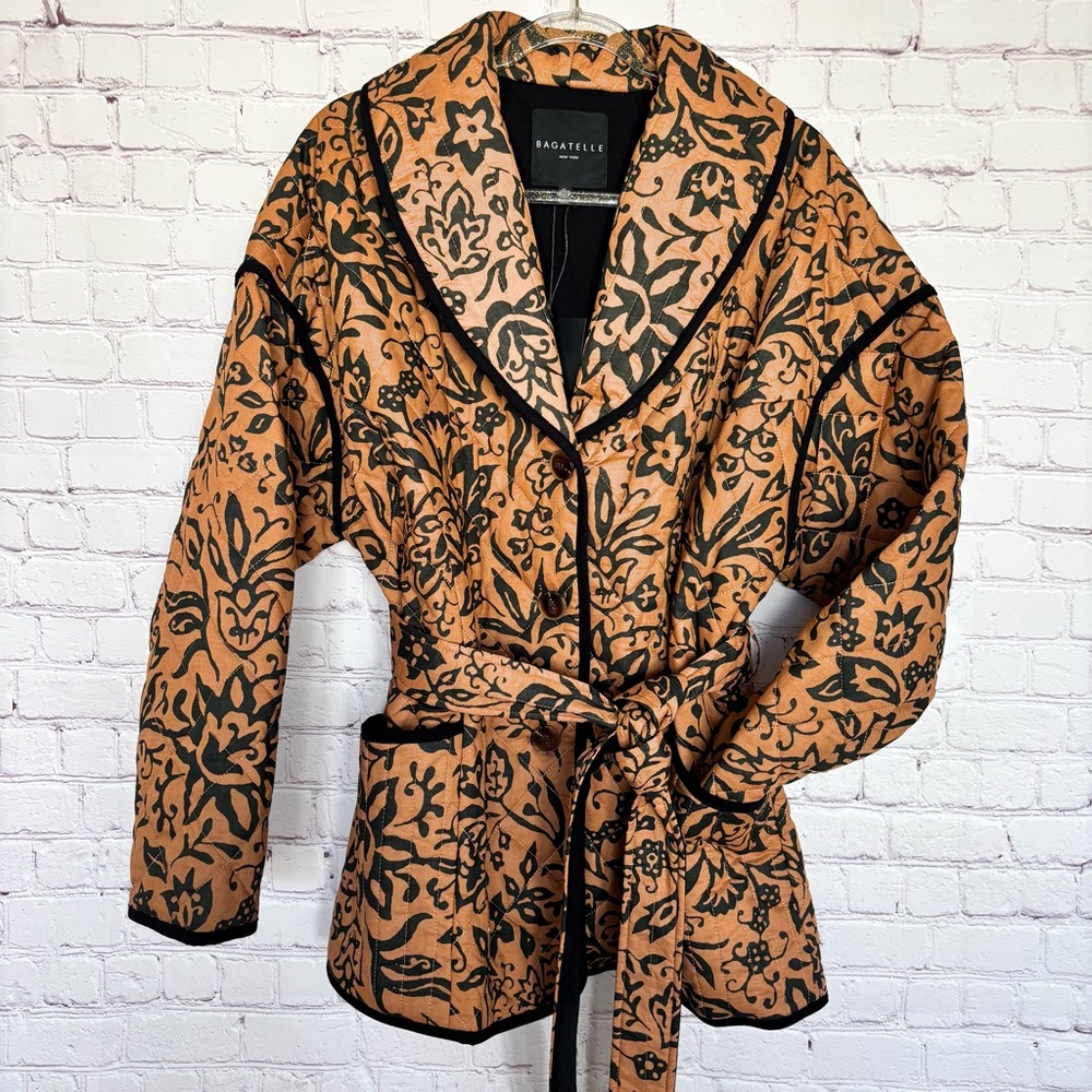 BAGATELLE Quilted Brown & Black Floral Belted Jacket--NWT--XL